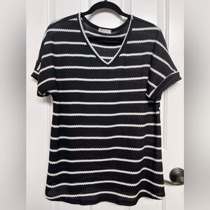 Striped Waffle Knit Slouchy Short Sleeve Tunic Top